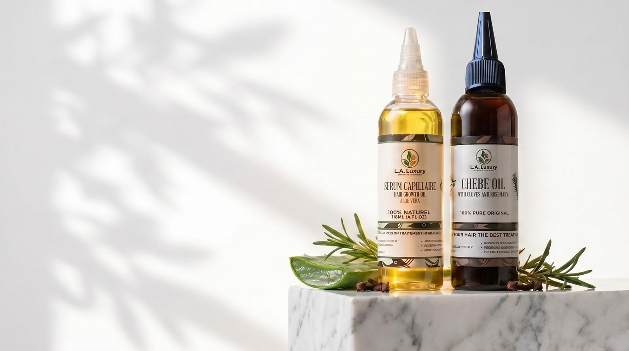 Le sérum capillaire et l'huile Chebe L.A. Luxury sur un socle de marbre blanc, au soleil