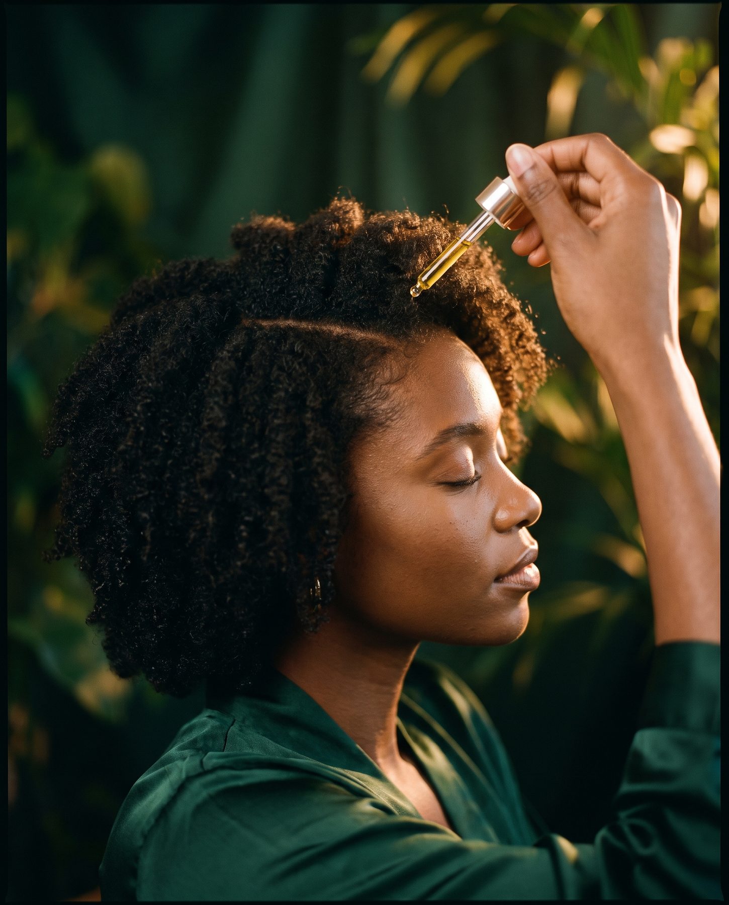 Femme appliquant l'huile sur son cuir chevelu